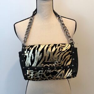 Betsey Johnson, black gold velvet purse. NWOT chain handle animal  print